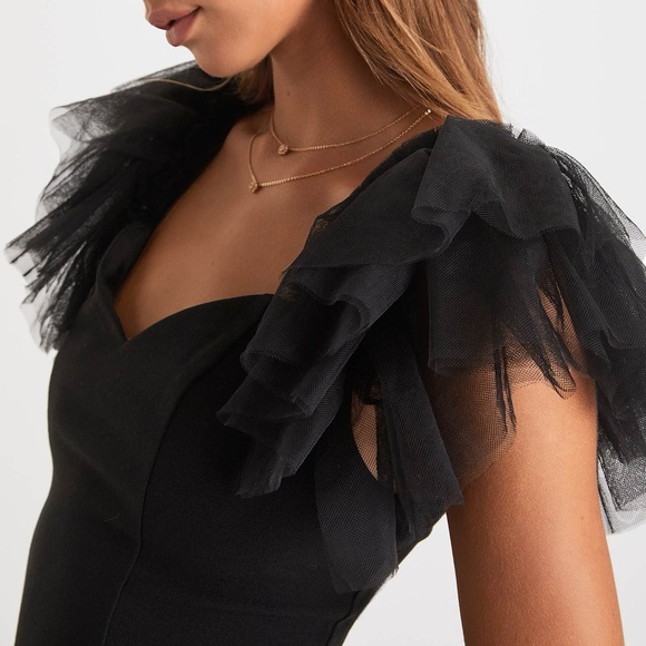 JUST DROPPED #28 Ruffled Mesh Shoulder Black Bodycon Dress XS S - Picture 6 of 8